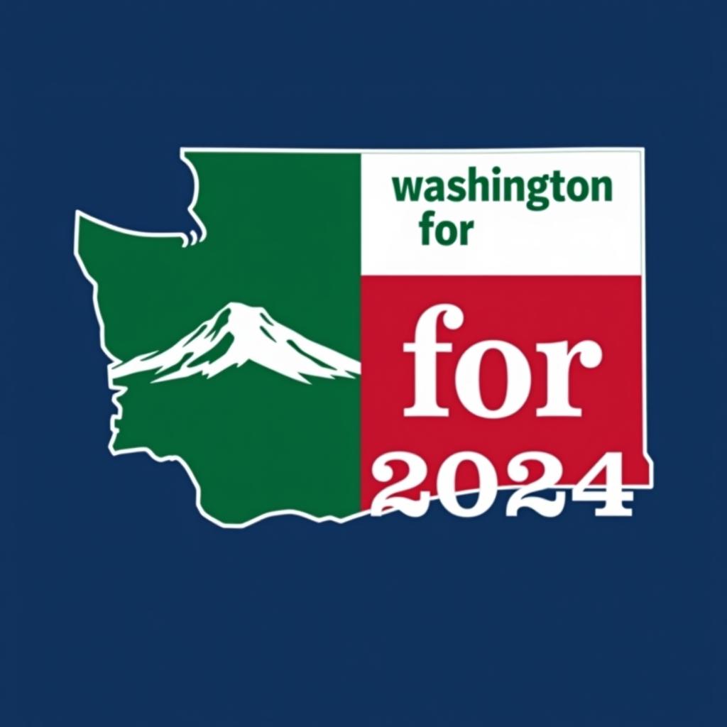  a tshirt design inspired by the washington state flag. the left side features a green vertical stripe with a large mountain in the center. the right side is divided into two horizontal sections: the top section is white with the text 'washington for' in bold, green, uppercase letters, and the bottom section is red with the text 'harris walz 2024' in bold, white, uppercase letters. the overall layout is clean and straightforward, with a clear and patriotic color scheme of blue, white, and red.