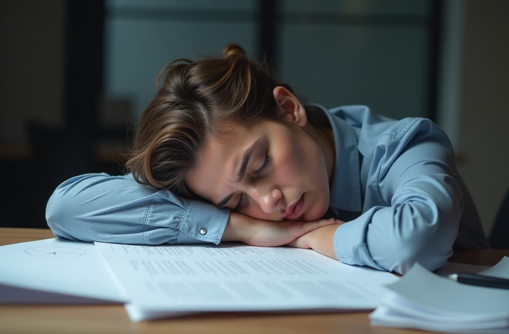  tired overworked office employee sleeping at workplace, placing head on documents. manager resting among crumpled paper drafts, feeling exhaustion, fatigue, burnout. low performance concept ar 3:2 {prompt}, maximum details