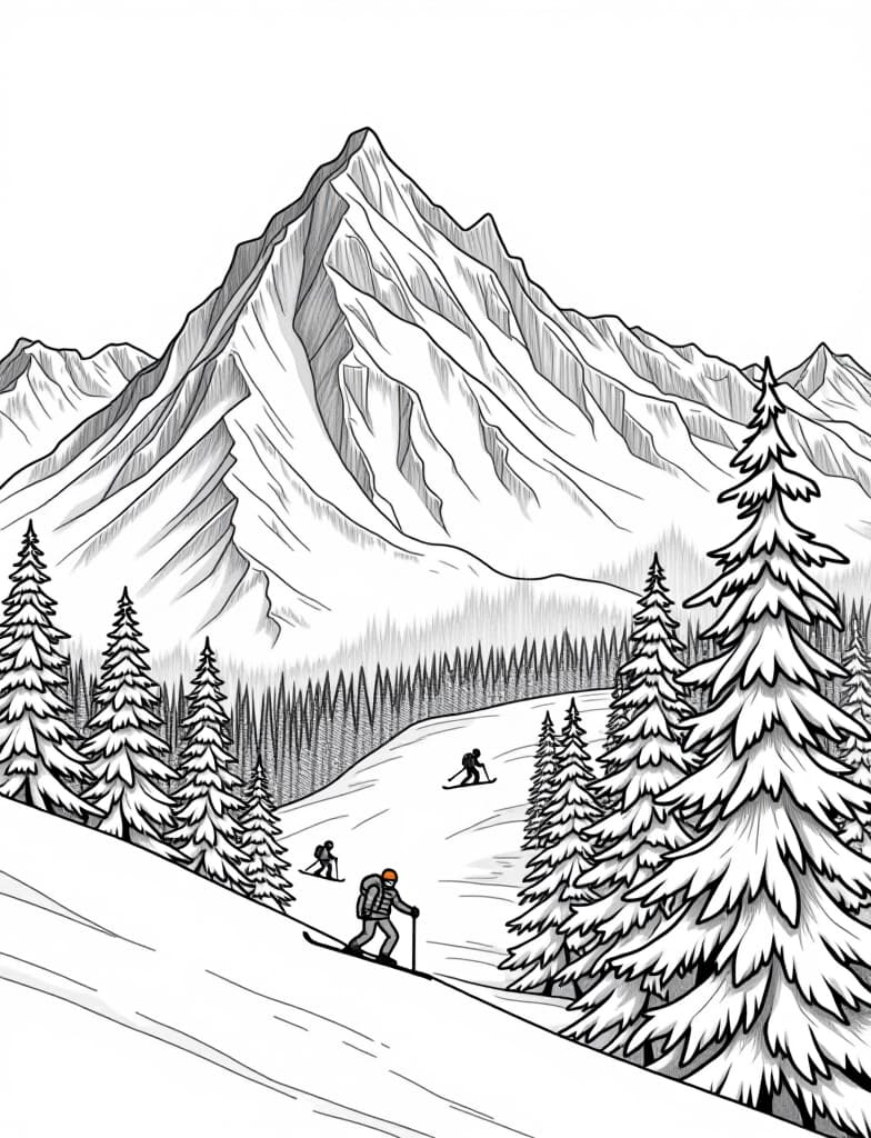  this is for an adult coloring page. a detailed black and white line art of a snowy snow covered mountain with a group of skiers descending on a solid white background.