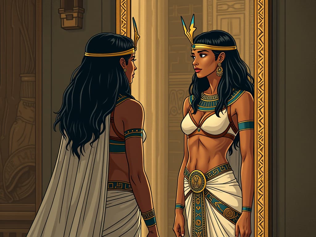  ancient egyptian woman in tight ensemble, standing before a sacred mirror, gazing at her reflection, symbolizing discovering authentic self. the style is digital art illustration / modern comic book / mysterious occult, symbolic, esoteric vibe,high detail on character design, incorporating ancient egyptian symbology and attire.