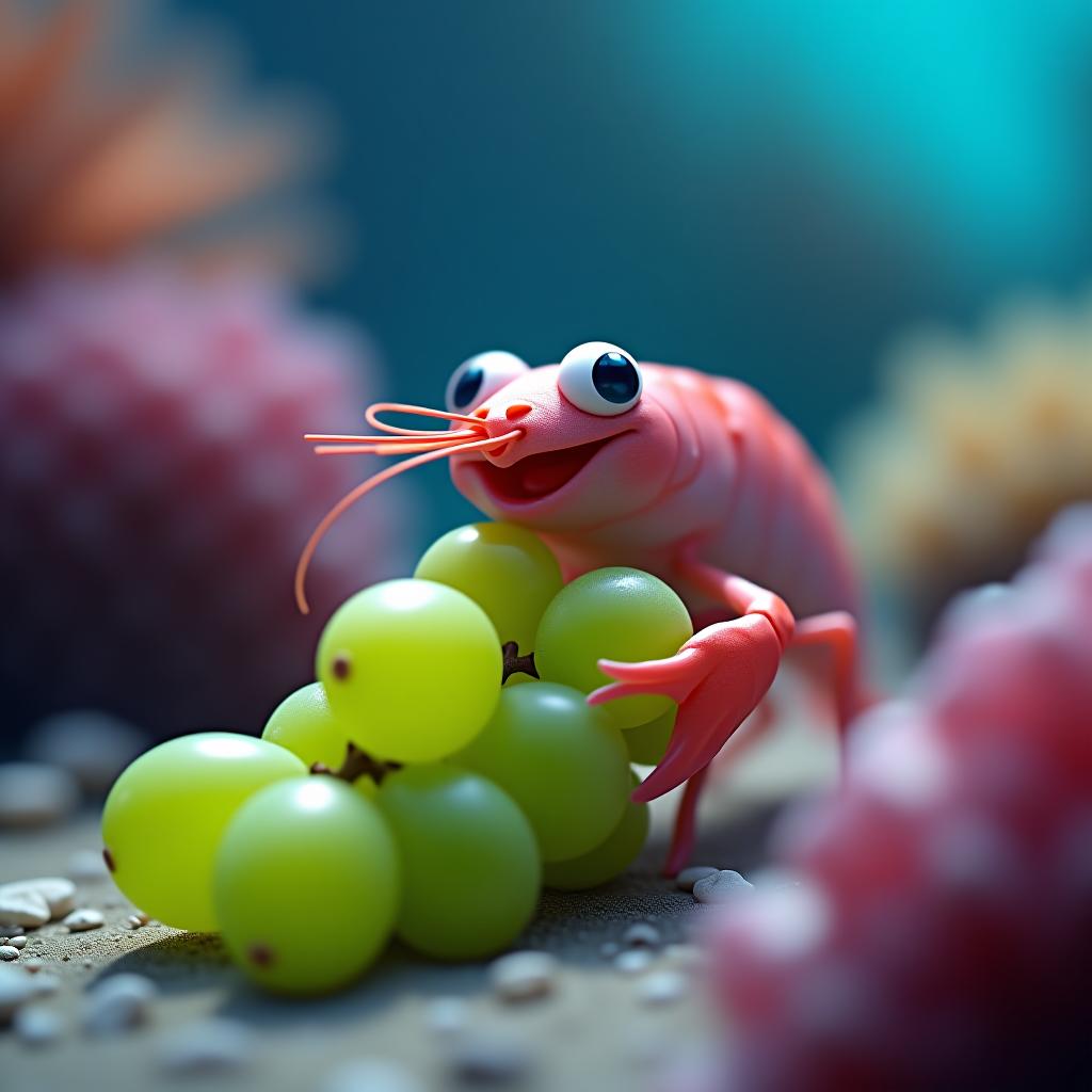  a colorless shrimp on the seabed smiles happily while eating big green grapes. cartoon style. colorful. fantastic. firooze hyperrealistic, full body, detailed clothing, highly detailed, cinematic lighting, stunningly beautiful, intricate, sharp focus, f/1. 8, 85mm, (centered image composition), (professionally color graded), ((bright soft diffused light)), volumetric fog, trending on instagram, trending on tumblr, HDR 4K, 8K