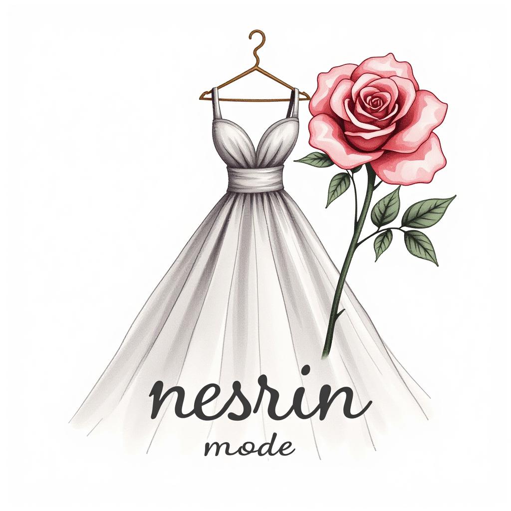  design a logo, in a pencil style. erstelle mir ein logo für ein kleider laden elegant aber auffällig mit einer rose mit drin und einem kleid , with the text 'nesrin mode '.