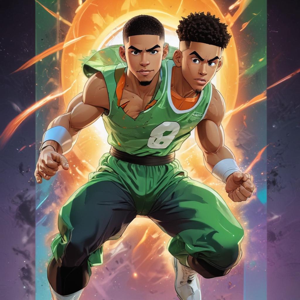 distance-shot, flashy, full-body, dynamic, holographic, animated cartoon poster of jayson tatum in the style of dragon ball super