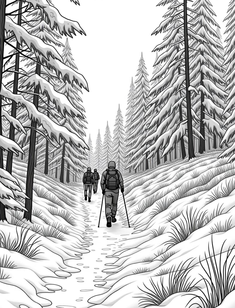  this is for an adult coloring page. a detailed black and white line art of a snowy snowy woodland trail with a group of hikers walking on a solid white background.