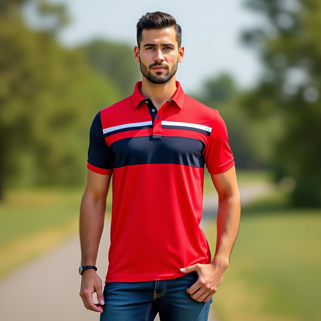  create a high quality, full body image of a man standing confidently wearing a polo shirt made of a cotton polyester blend, featuring a color block design with vibrant red (rgb: 255, 0, 0) and contrasting sections, with a natural outdoor scene in the background and a casual yet stylish pose.