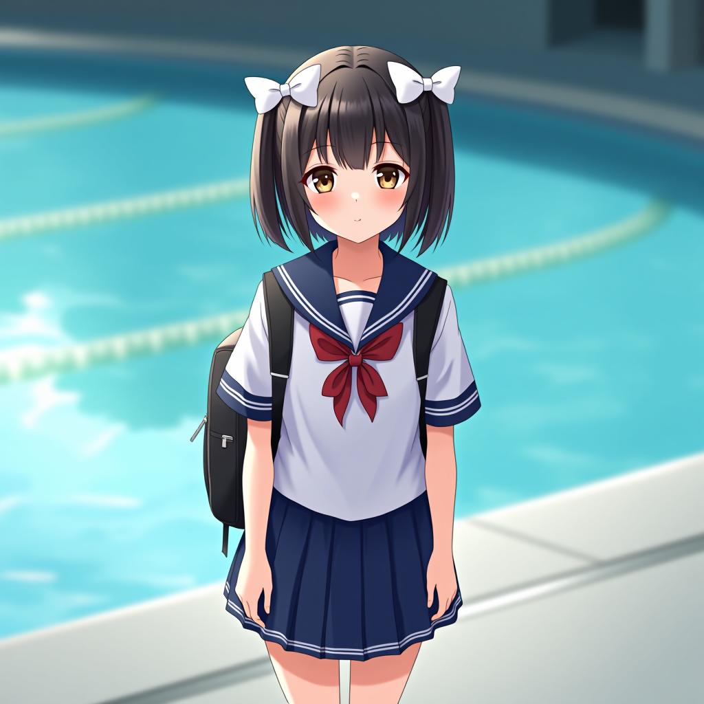  a girl in a school uniform with white bows in her hair stands next to the pool with a backpack.