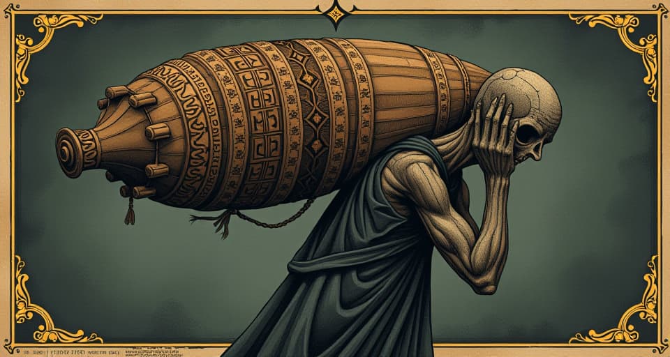  a figure carrying an intricately designed, heavy burden, ornate and ancient patterns, weight depicted through sagging shoulders, resilience, determination, profound. an illustration in the style of a worn, mystical old tarot trump card, mysterious and elements of surrealism. the colors are muted, somber and eerie, but with contrast bring out an occult and esoteric vibe.