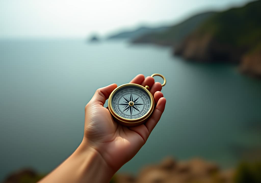  view of woman's hand with compass on beautiful sea landscape background