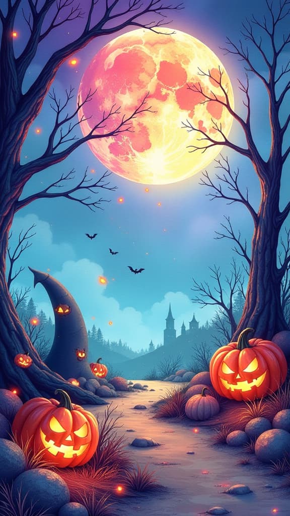  artwork background , seamless, halloween wallpaper, the theme is magical, whimsical and fun ar 9:16, watercolor techniques, featuring fluid colors, subtle gradients, transparency associated with watercolor art