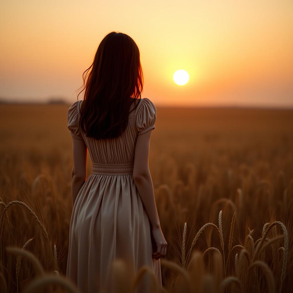  a brunette girl stands against the sunset in a field of hemp, wearing a long dress, with her back to the camera.