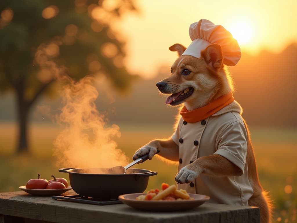  a landscape image featuring a cute joyful dog dressed as a chef, cooking food outdoors during sunrise. the scene should have a warm, golden light from the rising sun. in the foreground, there's a nearby glass surface (like a window or mirror) with the text 'suprabhatam gaura' written on it, as if drawn by steam or condensation. the overall atmosphere should be cheerful and inviting, with the dog's culinary activities as the focal point set against the beautiful sunrise backdrop. seemless text "suprabhatam gaura" hyperrealistic, full body, detailed clothing, highly detailed, cinematic lighting, stunningly beautiful, intricate, sharp focus, f/1. 8, 85mm, (centered image composition), (professionally color graded), ((bright soft diffused light)), volumetric fog, trending on instagram, trending on tumblr, HDR 4K, 8K