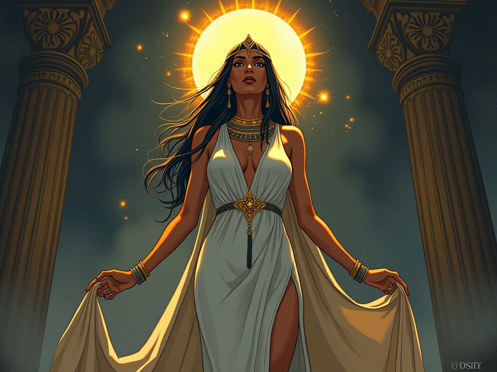  isis, the large busted goddess of magic, in a form fitting, shimmering linen gown, surrounded by a halo of light, embodying unity consciousness. the style is digital art illustration / modern comic book / mysterious occult, symbolic, esoteric vibe,high detail on character design, incorporating ancient egyptian symbology and attire.