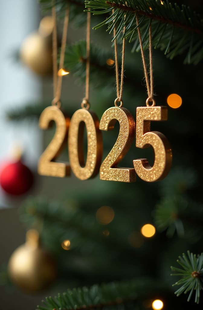  professional detailed photography, close up, golden number "2025" hanging on a decorated christmas tree, bokeh lights , (muted colors, dim colors, soothing tones), (vsco:0.3)