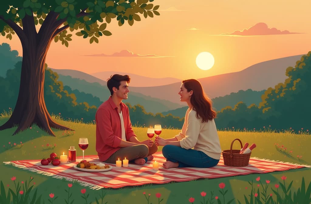  flat illustration, flaticon, (illustration:1.15), picture of a cozy picnic on a green lawn, decorated in retro style. on the rug is a basket with food, candles, flowers and a couple sitting on the lawn, laughing and hugging. in the background is a sunset, beautiful nature. above is a beautiful inscription in red letters happy valentine's day ar 3:2, [cory loftis, strobist, pascal campion :: 0.2]