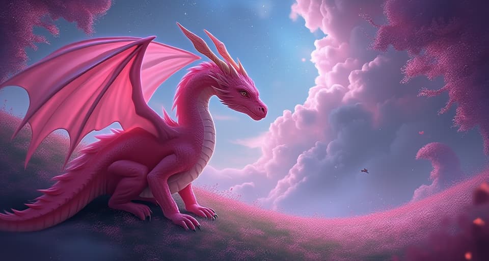  the pink dragon offering calming energy to the chosen one, surrounded by an ethereal, illuminated landscape, especially helpful for self care boundaries and emotional healing. the style is digital art illustration,highly detailed, whimsical,magical, dreamlike atmosphere, realism and fantasy blend, smooth, glossy textures,luminous quality, wonder and enchantment.