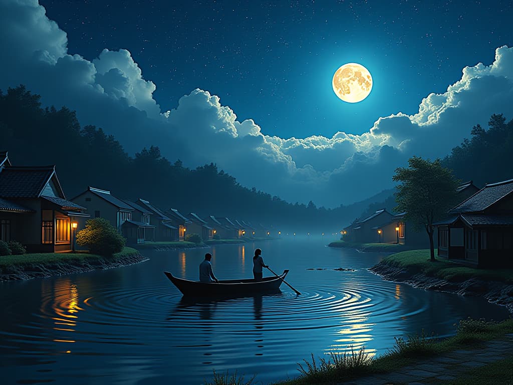  (masterpiece:1.2), (best quality,:1.2), 8k, hdr, ultra detailed, ((photorealistic)), night view of the old town，seek and find，cheerless，the moon falls, the crescent moon falls into the lonely well，fragmented，bit by bit，there are flowers in dreams, green meadows in dreams，long hair causes ripples，shirabu shishiiso，kappa poles swing the boat，crossing the ancient rare，（small rivers），（ancient boats），（there is a bright full moon in the distant night sky），（shining stars），（starcloud），（nighttime scene），inspired by van gogh，（van gogh starry sky painting style），oilpaintstyle，8k wallpaper，light and shadow effect，tyndall，rendering by octane，white balance，unreal 5，extremely  hyperrealistic, full body, detailed clothing, highly detailed, cinematic lighting, stunningly beautiful, intricate, sharp focus, f/1. 8, 85mm, (centered image composition), (professionally color graded), ((bright soft diffused light)), volumetric fog, trending on instagram, trending on tumblr, HDR 4K, 8K