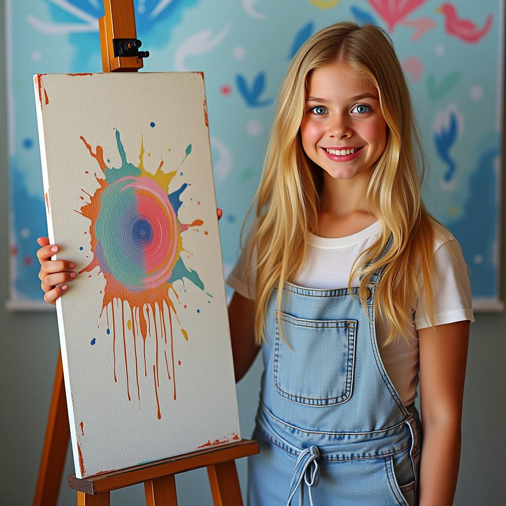  a blonde girl is standing with a painting made of textured paste.