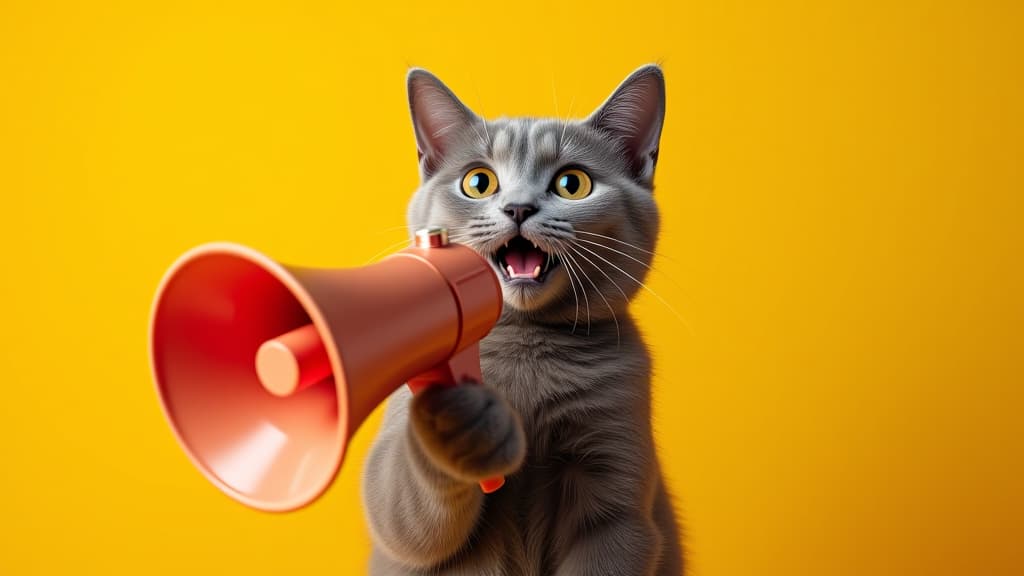  grey cat with wide eyes holding a megaphone against a vibrant yellow background. fun and energetic image suitable for announcements and promotions