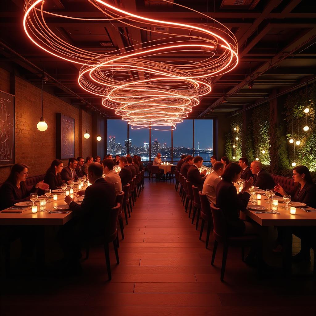  we create magic: a wide canvas of light line in the air in the form of waves in the restaurant hall, a canvas of glowing wires hovers in the air people are sitting at chairs, a festive banquet {prompt}, maximum details