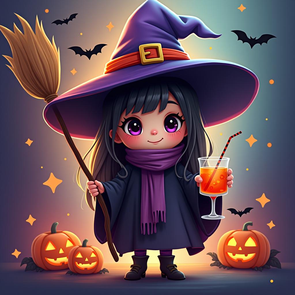  create a digital painting featuring a cute witch character. the witch should be wearing a hat. in one hand, the witch should hold a broomstick, and in the other hand, a halloween themed drink. the background should be colorful and include small black bats, pumpkins and stars to add a playful halloween touch. the overall style should be cute, whimsical, and colorful hyperrealistic, full body, detailed clothing, highly detailed, cinematic lighting, stunningly beautiful, intricate, sharp focus, f/1. 8, 85mm, (centered image composition), (professionally color graded), ((bright soft diffused light)), volumetric fog, trending on instagram, trending on tumblr, HDR 4K, 8K