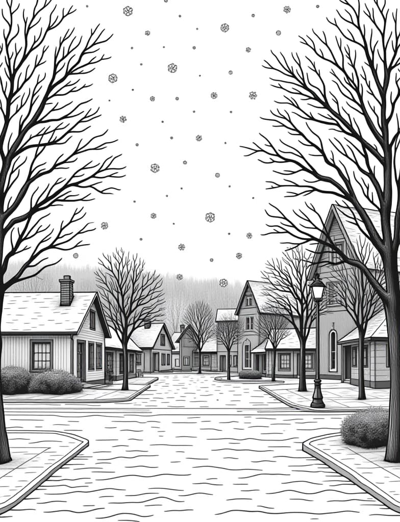  this is for an adult coloring page. a detailed black and white line art of a snowy snowflakes falling gently over a quiet town square on a solid white background.