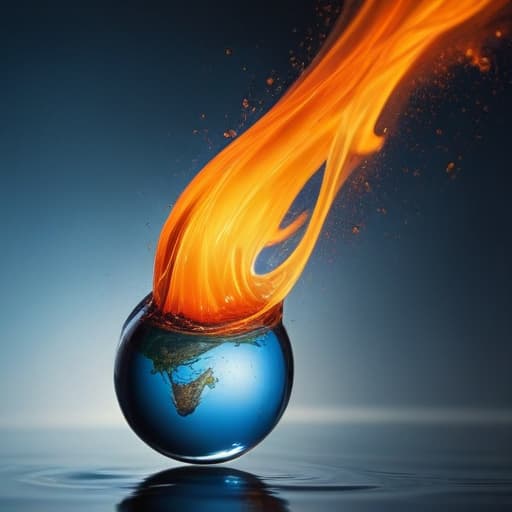 An image of earth within a droplet of fire falling through the air into water in Surrealist style