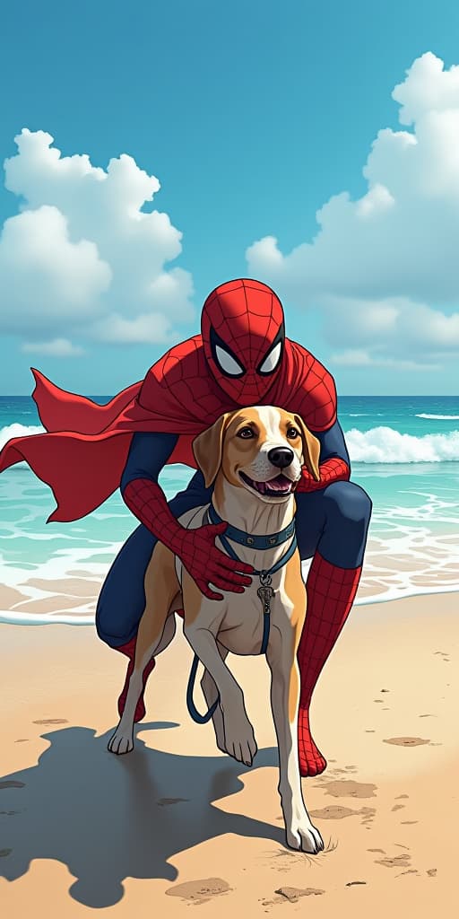  anime style, a dog spiderman cloth playing with human on beach