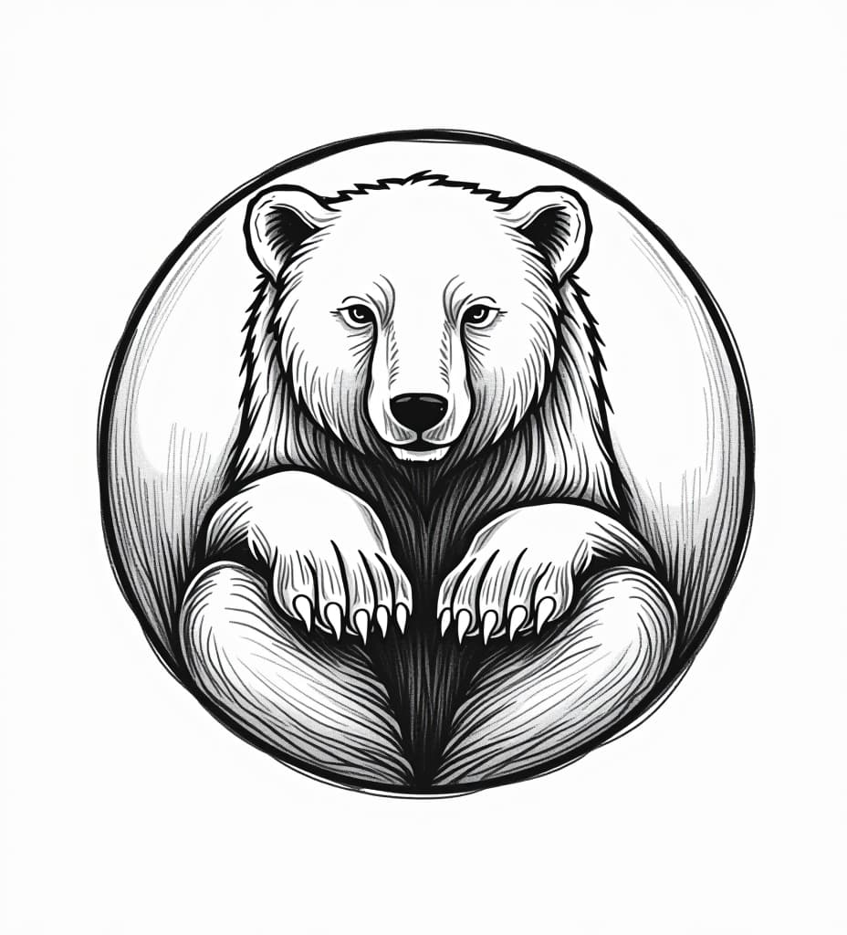  black on white sketch of circular logo that is made up of polar bears, and polar bear paws. unique design, trendy pattern, minimalist