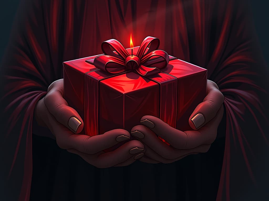  mysterious red wrapped gift, glowing softly, shadowy tendrils emanating from it, atmosphere of concealed allure. the style is digital art illustration / modern comic book / graphic dark novel fantasy and mysterious occult, symbolic, moody lighting, esoteric vibe,high detail on character design. for the color scheme emphasize blacks and reds.