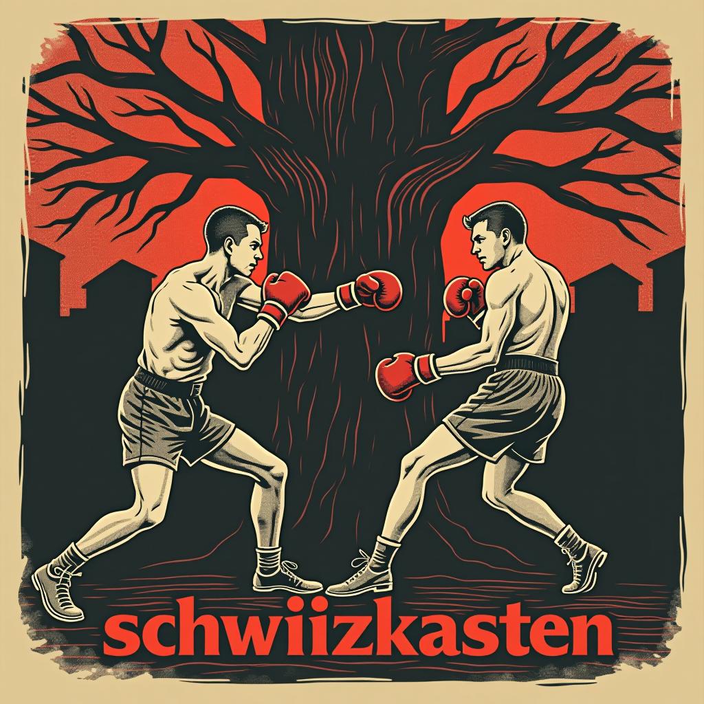  design a logo, in a surrealism style. zwei deutsche boxkämpfer im kampf unter dem eichenbaum, with the text 'schwitzkasten'.