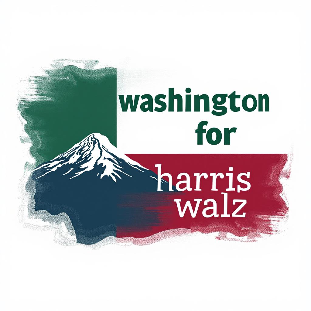  a tshirt design inspired by the washington state flag. the left side features a green vertical stripe with a large mountain in the center. the right side is divided into two horizontal sections: the top section is white with the text 'washington for' in bold, green, uppercase letters, and the bottom section is red with the text 'harris walz' in bold, white, uppercase letters. the overall layout is clean and straightforward, with a clear and patriotic color scheme of blue, white, and red.