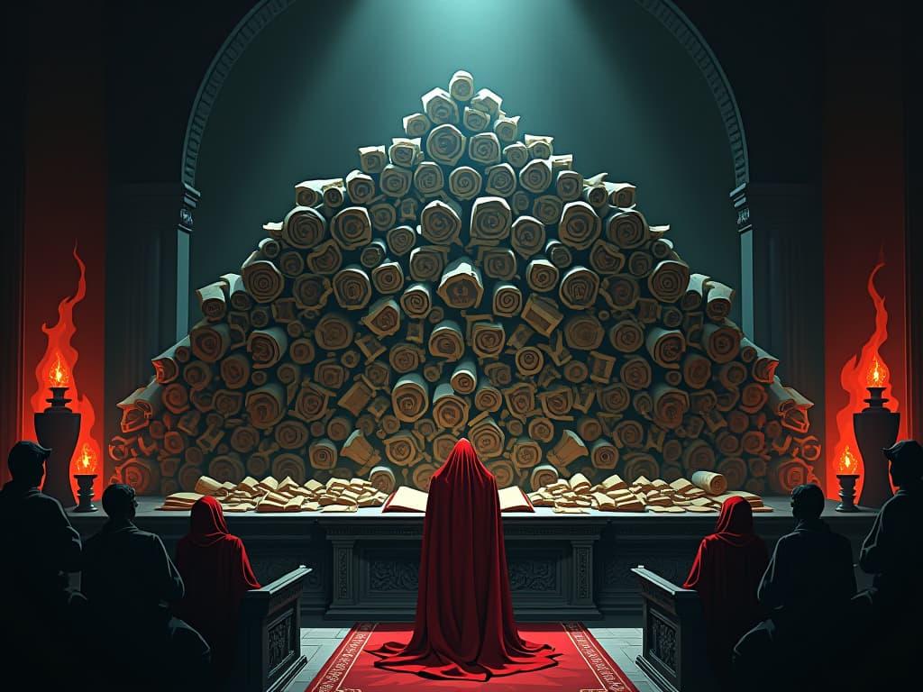  altar with an overwhelming load of scrolls and tomes, figure in red struggling, sense of burden. the style is digital art illustration / modern comic book / graphic dark novel fantasy and mysterious occult, symbolic, moody lighting, esoteric vibe,high detail on character design. for the color scheme emphasize blacks and reds.