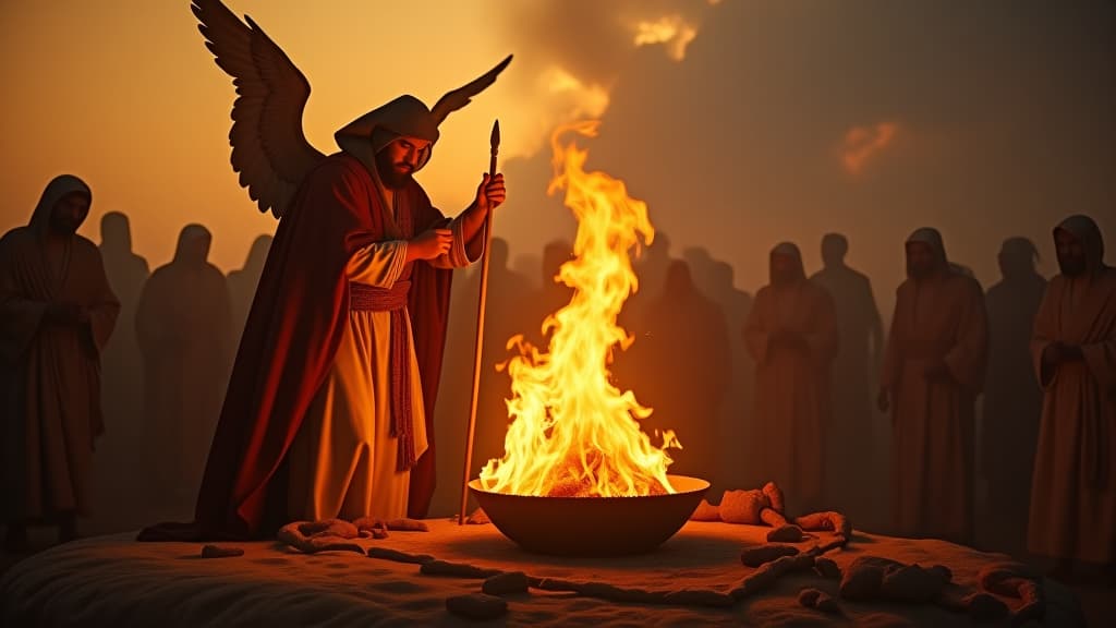  history of biblical times, gideon making an offering to the angel of the lord, with fire consuming the meat and unleavened bread, capturing the miraculous nature of the event. hyperrealistic, full body, detailed clothing, highly detailed, cinematic lighting, stunningly beautiful, intricate, sharp focus, f/1. 8, 85mm, (centered image composition), (professionally color graded), ((bright soft diffused light)), volumetric fog, trending on instagram, trending on tumblr, HDR 4K, 8K