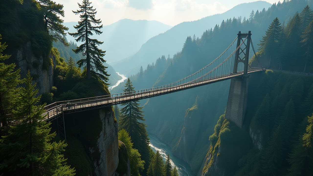  a captivating view of capilano suspension bridge park showcasing the iconic suspension bridge, treetop walkways, and cliffwalk, surrounded by lush green forests and stunning views of the capilano river.</p> hyperrealistic, full body, detailed clothing, highly detailed, cinematic lighting, stunningly beautiful, intricate, sharp focus, f/1. 8, 85mm, (centered image composition), (professionally color graded), ((bright soft diffused light)), volumetric fog, trending on instagram, trending on tumblr, HDR 4K, 8K