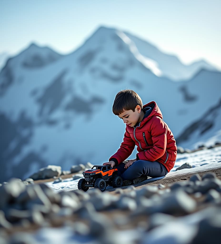  a boy playing with a toy car on mount everest