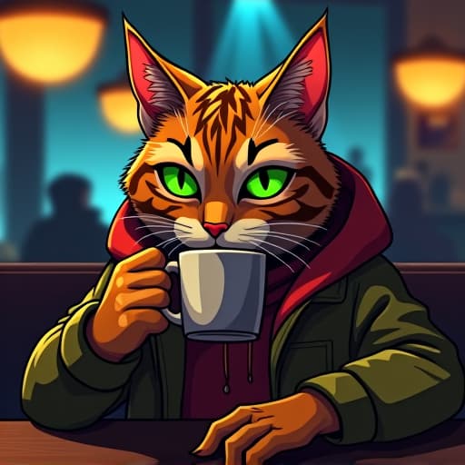  hemule, the anthropomorphic tabby cat with edgy charisma, sips coffee in a dark cafe. vivid, cartoonish style merges urban streetwear and cypherpunk elements. green eyes gleam rebelliously in the scene. hyperrealistic, full body, detailed clothing, highly detailed, cinematic lighting, stunningly beautiful, intricate, sharp focus, f/1. 8, 85mm, (centered image composition), (professionally color graded), ((bright soft diffused light)), volumetric fog, trending on instagram, trending on tumblr, HDR 4K, 8K