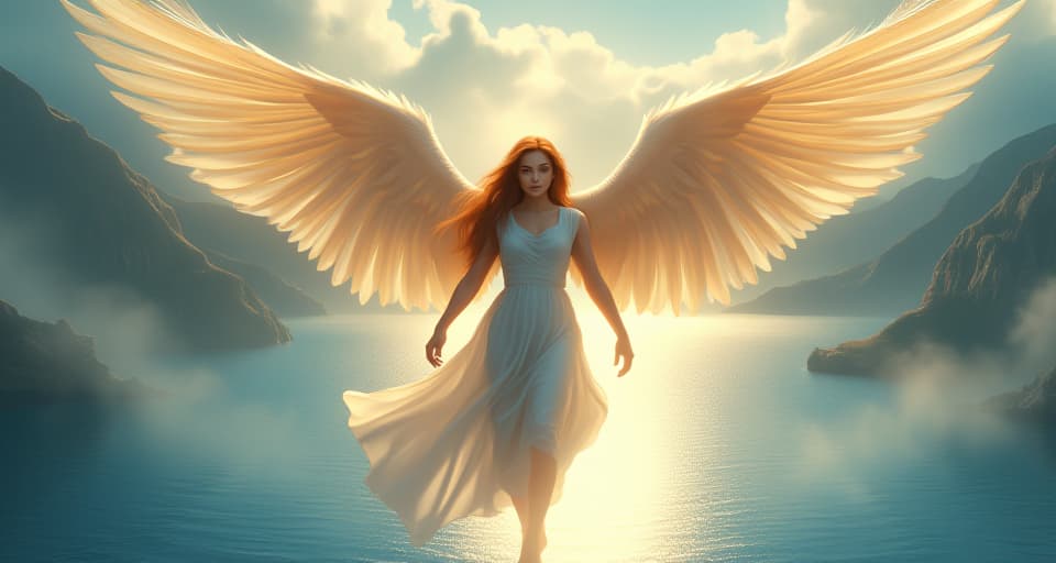  a majestic angel with radiant wings, hovering above a shimmering lake. her confident pose and the bright light surrounding her convey a sense of firm resolve in her choice.. the style is digital art illustration,highly detailed, whimsical,magical, dreamlike atmosphere, realism and fantasy blend, smooth, glossy textures,luminous quality, wonder and enchantment.