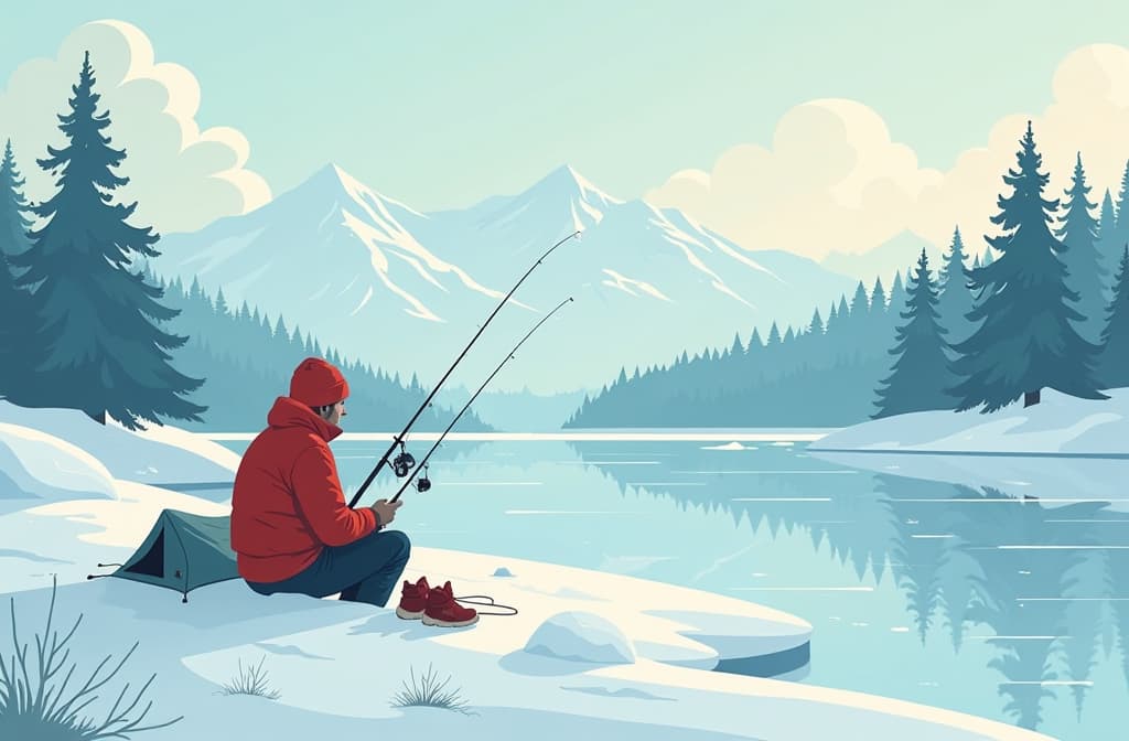  flat illustration, flaticon, (illustration:1.15), fishermen sitting on a frozen lake, surrounded by winter silence, with fishing rods installed and a small tent nearby ar 3:2, [cory loftis, strobist, pascal campion :: 0.2]