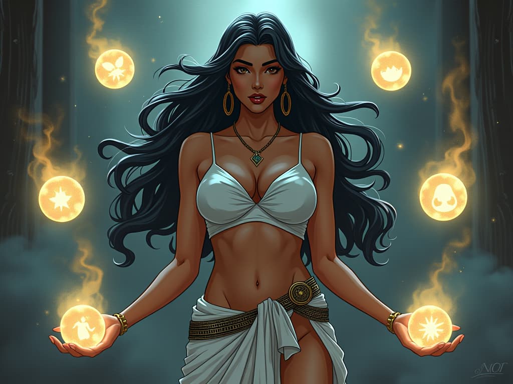  a young woman, large busted, in form fitting linen, surrounded by floating orbs of light, each orb radiating different emotions, her expression intense, feeling the nuances. the style is digital art illustration / modern comic book / mysterious occult, symbolic, esoteric vibe,high detail on character design, incorporating ancient egyptian symbology and attire.