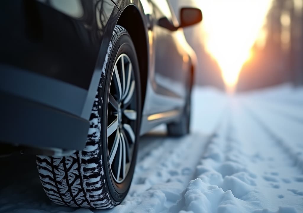  close up side view of a car with a winter tires on snowy road. tires on snowy highway detail. space for text. drive safe concept on winter or spring holidays adventures, high quality, high details, hd, perfect composition, 4k epic detailed, highly detailed, sharp focus, high resolution