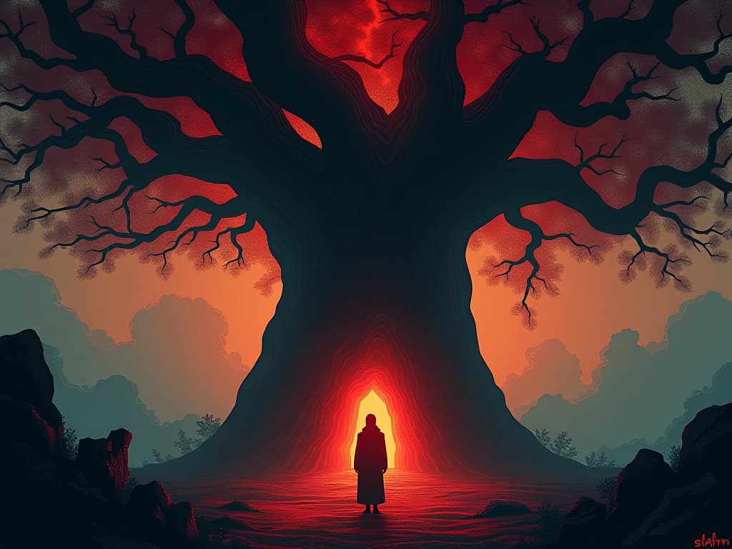  figure in red garments, standing before a towering ancient tree, sense of foundation and personal growth, dawn light illuminating the scene. the style is digital art illustration / modern comic book / graphic dark novel fantasy and mysterious occult, symbolic, moody lighting, esoteric vibe,high detail on character design. for the color scheme emphasize blacks and reds.