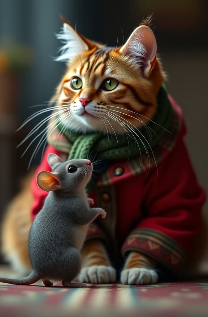  cat with mouse talking hyperrealistic, full body, detailed clothing, highly detailed, cinematic lighting, stunningly beautiful, intricate, sharp focus, f/1. 8, 85mm, (centered image composition), (professionally color graded), ((bright soft diffused light)), volumetric fog, trending on instagram, trending on tumblr, HDR 4K, 8K