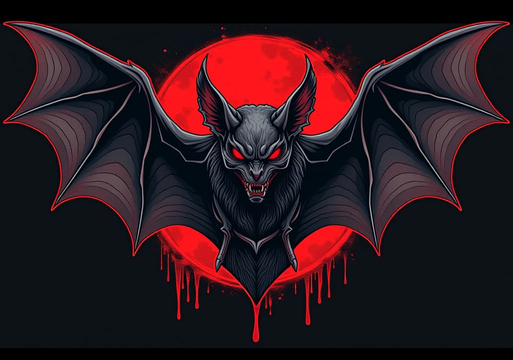  a dark art, street style logo for band called "kacher", rock feeling, vintage, background is a evil bat, red eyes, bloody,, low contrast, low saturation hyper detail, intricate details, sharp focus, high resolution, 8k, ultra detailed, vib