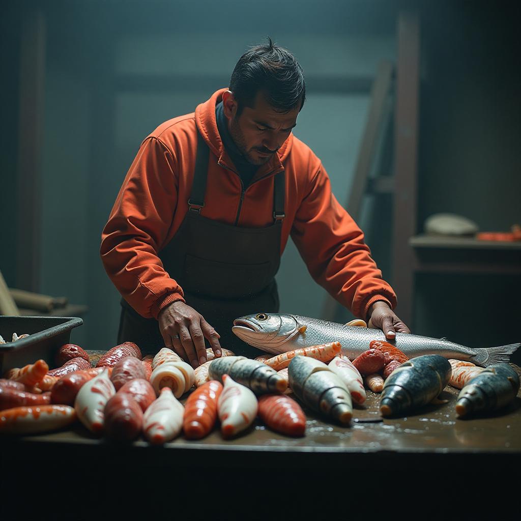  a lot of fish and seafood. hyperrealistic, full body, detailed clothing, highly detailed, cinematic lighting, stunningly beautiful, intricate, sharp focus, f/1. 8, 85mm, (centered image composition), (professionally color graded), ((bright soft diffused light)), volumetric fog, trending on instagram, trending on tumblr, HDR 4K, 8K