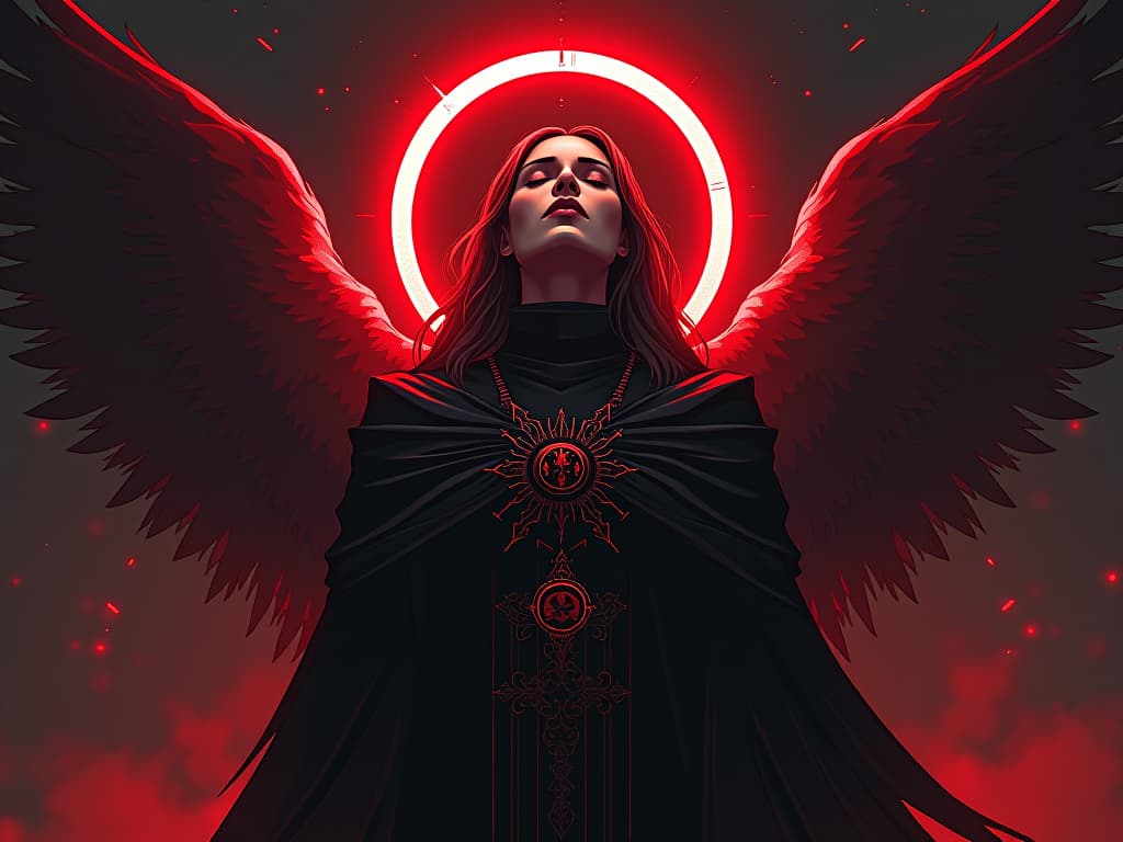  celestial being with a red halo, ethereal robes, eyes closed, aura of wisdom. the style is digital art illustration / modern comic book / graphic dark novel fantasy and mysterious occult, symbolic, moody lighting, esoteric vibe,high detail on character design. for the color scheme emphasize blacks and reds.