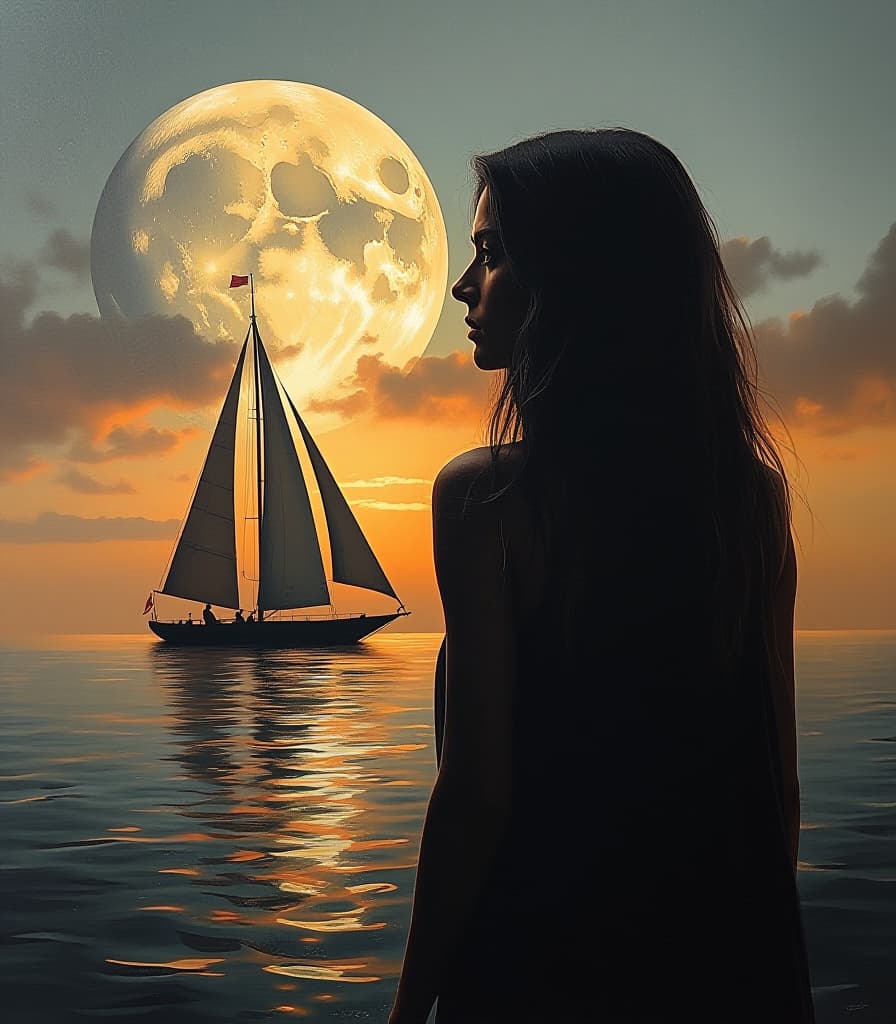  surrealist art expressionist acryl painting (double exposure:1.3) captures a serene scene of a dreaming woman (dark silhouette:1.2) in the foreground, a sailboat on the water with a large, detailed view of the moon in the background. the moon appears disproportionately large compared to the boat, that creates the sense of depth. the sunset sky has an orange and gray hue. perfect composition, beautifully detailed. the overall composition creates a peaceful and almost surreal atmosphere, with the sailboat seemingly sailing towards the moon. the contrast between the dark silhouette of the long haired woman and the bright, glowing moon adds to the visual impact of the image. . dreamlike, mysterious, provocative, symbolic, intricate, detailed