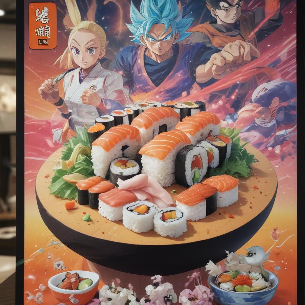 distance-shot, flashy, full-body, dynamic, holographic, animated cartoon poster of sushi scene in the style of dragon ball super