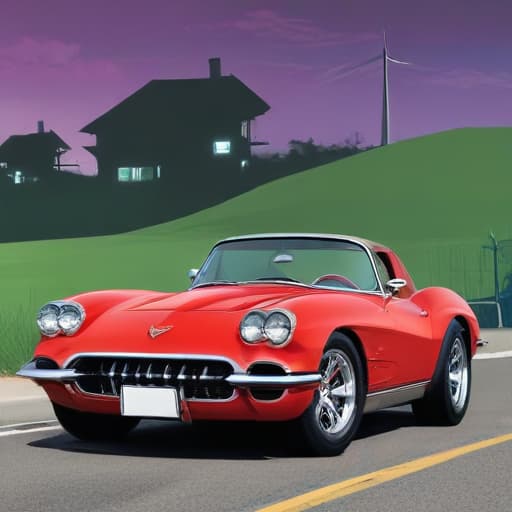 Chevrolet corvette On winding road with a Chevrolet dealership with Addison Chevrolet in the background in Comic Art style