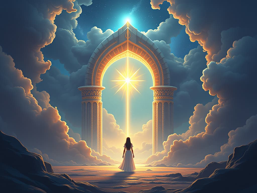  majestic celestial portal, ethereal beings, glowing energy, profound sense of protection and sacred awareness. the style is digital art illustration,highly detailed, whimsical,magical, dreamlike atmosphere, realism and fantasy blend, smooth, glossy textures,luminous quality, wonder and enchantment.