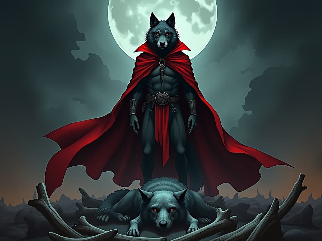  wolf in red cloak, standing triumphantly, surrounded by bones of its prey, air of consummate betrayal. the style is digital art illustration / modern comic book / graphic dark novel fantasy and mysterious occult, symbolic, moody lighting, esoteric vibe,high detail on character design. for the color scheme emphasize blacks and reds.